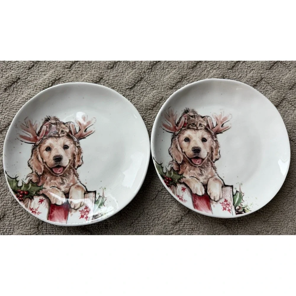 NEW, Set of 2 Christmas Yellow Labrador Puppy/Kitten Dog‎ Plates